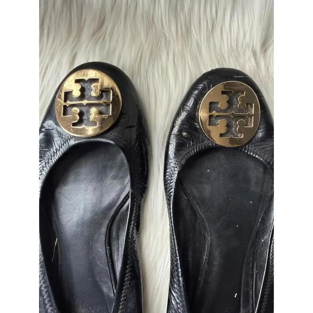 Tory Burch Black Leather Flats with Gold Logo - Picture 2 of 6
